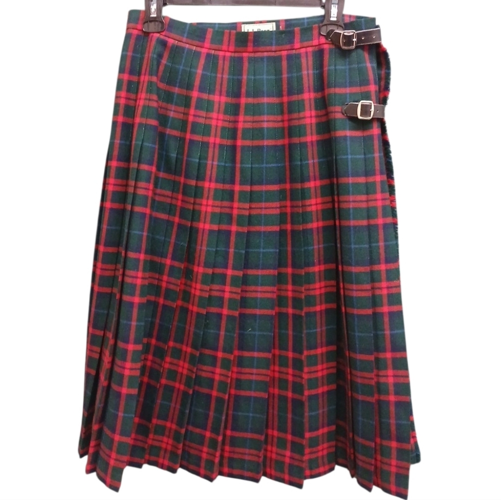 L.L. Bean Vintage Wool Plaid Pleated A-Line Wrap Skirt Side Buckles  14 Petite